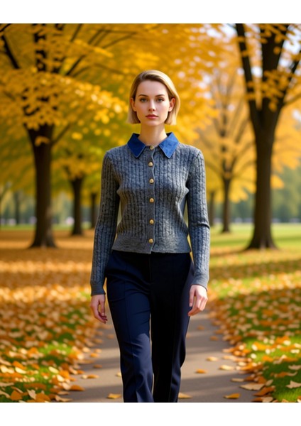 Kadın Denim Yakalı Saç Örgü Desenli Triko Hırka Kış Sezonu Rahat Şık Modern Görünüm Günlük Kombinler