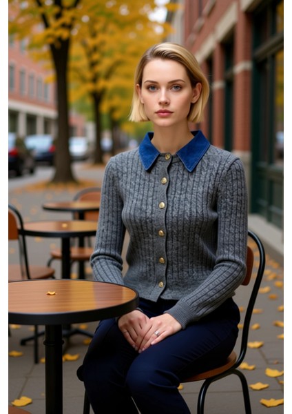 Kadın Denim Yakalı Saç Örgü Desenli Triko Hırka Kış Sezonu Rahat Şık Modern Görünüm Günlük Kombinler fiyatları