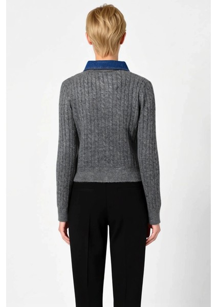 Kadın Denim Yakalı Saç Örgü Desenli Triko Hırka Kış Sezonu Rahat Şık Modern Görünüm Günlük Kombinler indirimleri