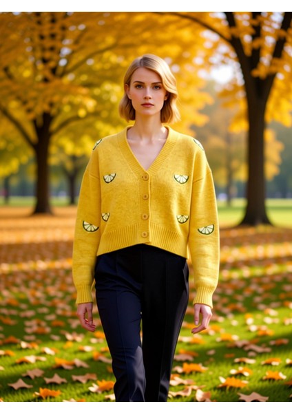 Kadın Oversize Crop V Yaka Düşük Kol Nakışlı Triko Hırka Portakal Dilimi Desenli Yumuşak Dokulu