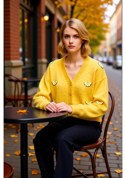 Kadın Oversize Crop V Yaka Düşük Kol Nakışlı Triko Hırka Portakal Dilimi Desenli Yumuşak Dokulu fiyatları