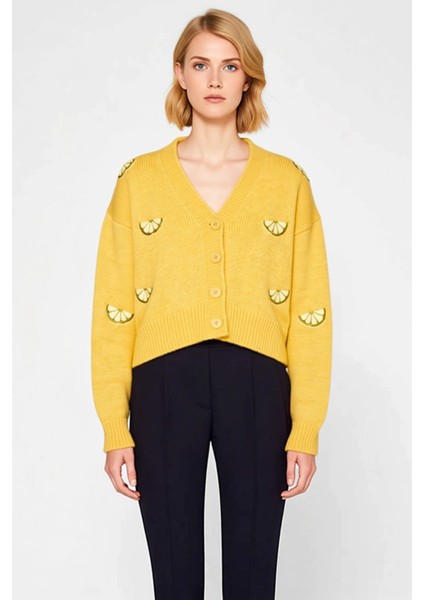 Kadın Oversize Crop V Yaka Düşük Kol Nakışlı Triko Hırka Portakal Dilimi Desenli Yumuşak Dokulu fırsatları