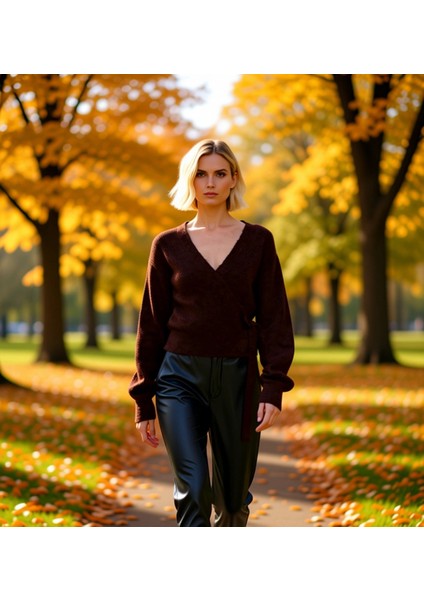 Kadın Günlük Şıklık Kruvaze Yaka Yumuşak Dokulu Selanik Örgü Uzun Kollu Rahat Triko Hırka Şık