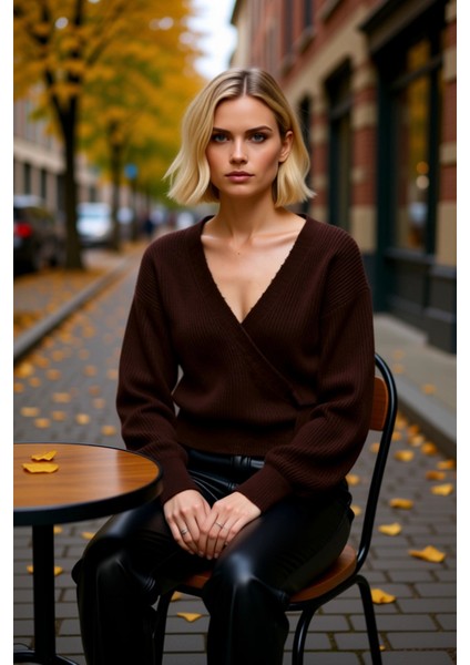 Kadın Günlük Şıklık Kruvaze Yaka Yumuşak Dokulu Selanik Örgü Uzun Kollu Rahat Triko Hırka Şık fiyatları