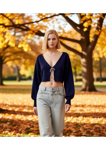 Kadın Crop Triko Hırka Düşük Kol V Yaka Fiyonklu Detaylı Şık Rahat Günlük Giyim Stili Oluşturun