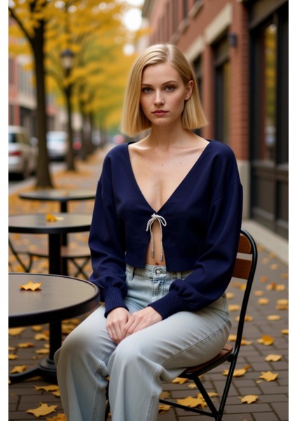 Kadın Crop Triko Hırka Düşük Kol V Yaka Fiyonklu Detaylı Şık Rahat Günlük Giyim Stili Oluşturun fiyatları