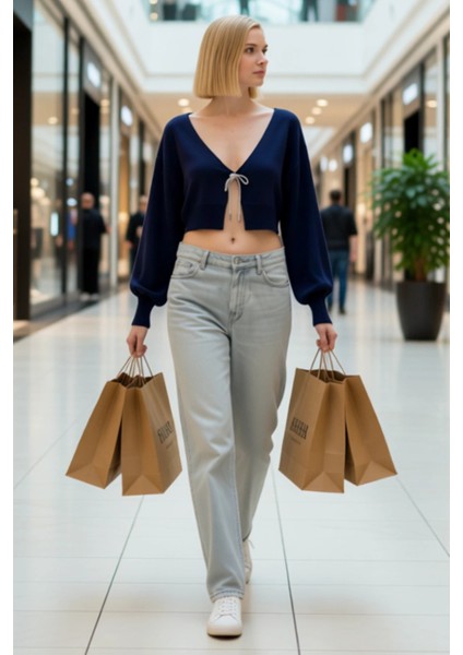 Kadın Crop Triko Hırka Düşük Kol V Yaka Fiyonklu Detaylı Şık Rahat Günlük Giyim Stili Oluşturun modelleri