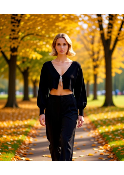 Kadın Crop Triko Hırka Düşük Kol V Yaka Fiyonklu Detaylı Şık Rahat Günlük Giyim Stili Oluşturun