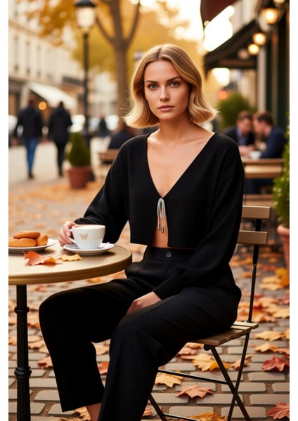 Kadın Crop Triko Hırka Düşük Kol V Yaka Fiyonklu Detaylı Şık Rahat Günlük Giyim Stili Oluşturun fiyatları