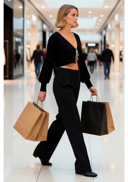 Kadın Crop Triko Hırka Düşük Kol V Yaka Fiyonklu Detaylı Şık Rahat Günlük Giyim Stili Oluşturun modelleri