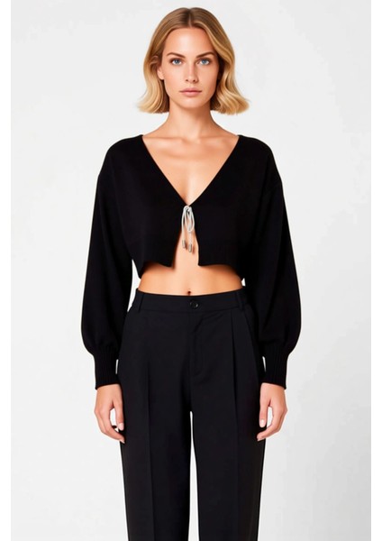 Kadın Crop Triko Hırka Düşük Kol V Yaka Fiyonklu Detaylı Şık Rahat Günlük Giyim Stili Oluşturun fırsatları