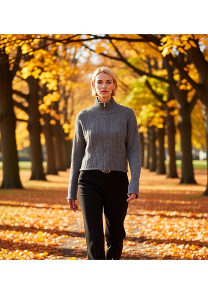 Kadın Konforlu Yumuşak Dokulu Oversize Kesim Fermuarlı Dik Yaka Saç Örgülü Uzun Kollu Triko Hırka