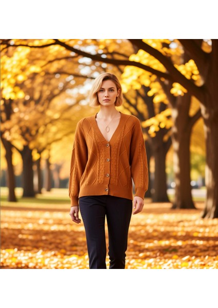 Kadın V Yaka Düşük Kol Saç Örgü ve Baklava Desenli Düğmeli Triko Hırka Rahat Kalıp Kışlık Şıklık