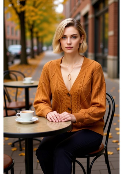 Kadın V Yaka Düşük Kol Saç Örgü ve Baklava Desenli Düğmeli Triko Hırka Rahat Kalıp Kışlık Şıklık fiyatları