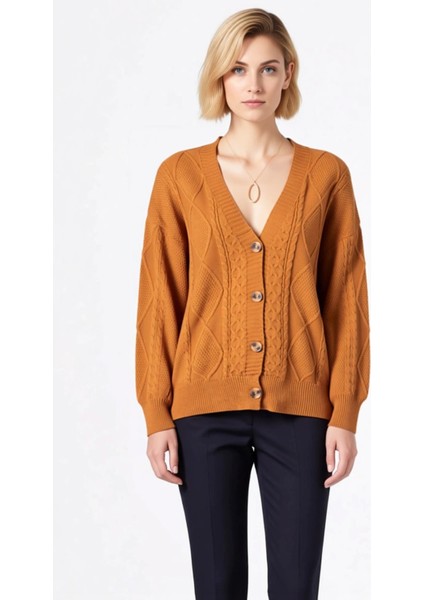 Kadın V Yaka Düşük Kol Saç Örgü ve Baklava Desenli Düğmeli Triko Hırka Rahat Kalıp Kışlık Şıklık fırsatları