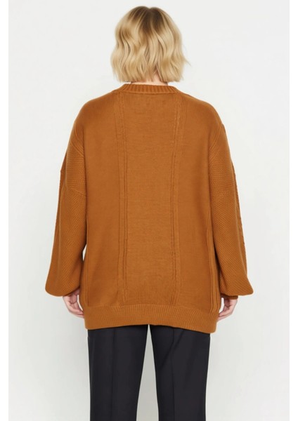 Kadın V Yaka Düşük Kol Saç Örgü ve Baklava Desenli Düğmeli Triko Hırka Rahat Kalıp Kışlık Şıklık indirimleri