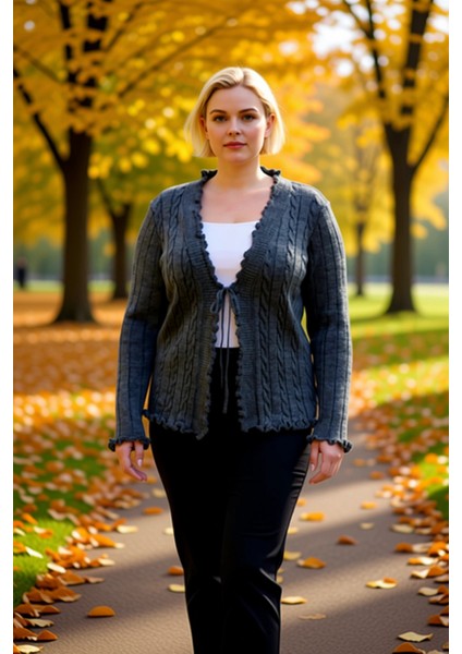 Kadın V Yaka Bağlamalı Saç Örgü Desenli Uzun Kollu Fitted Kalıp Triko Hırka Günlük Şıklık ve