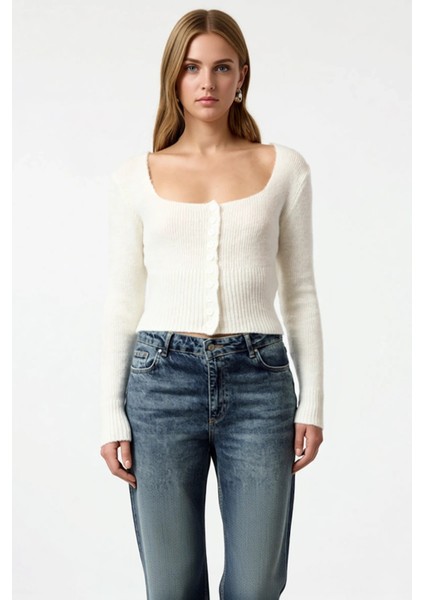 Kadın Crop Kare Yaka Fitilli Triko Hırka Vücudu Saran Yumuşak Dokulu Uzun Kollu Ince Örgü Şık fırsatları