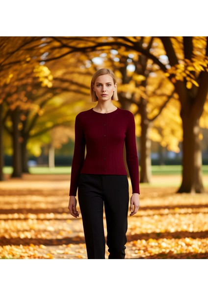 Kadın Fitilli Triko Düğmeli Hırka Bluz Yumuşak Dokulu Uzun Kollu Şık Tasarım Gündelik Kombinlerin