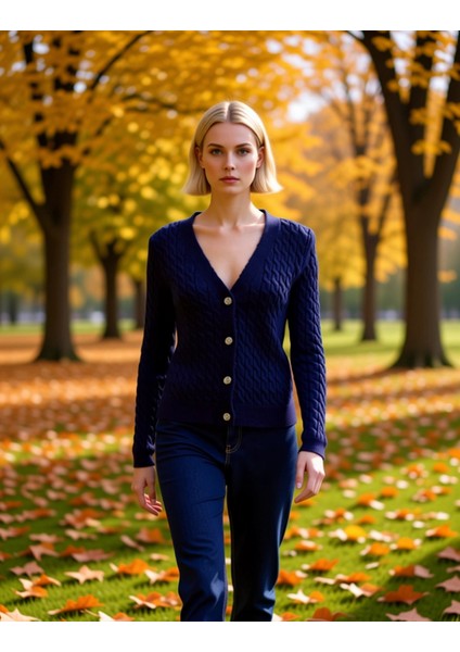 Kadın Yumuşak Dokulu V Yaka Saç Örgü Desenli Parlak Düğme Detaylı Uzun Kollu Rahat Triko Hırka