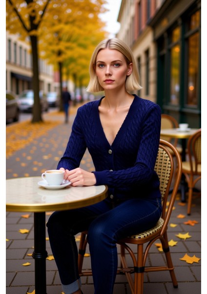 Kadın Yumuşak Dokulu V Yaka Saç Örgü Desenli Parlak Düğme Detaylı Uzun Kollu Rahat Triko Hırka fiyatları