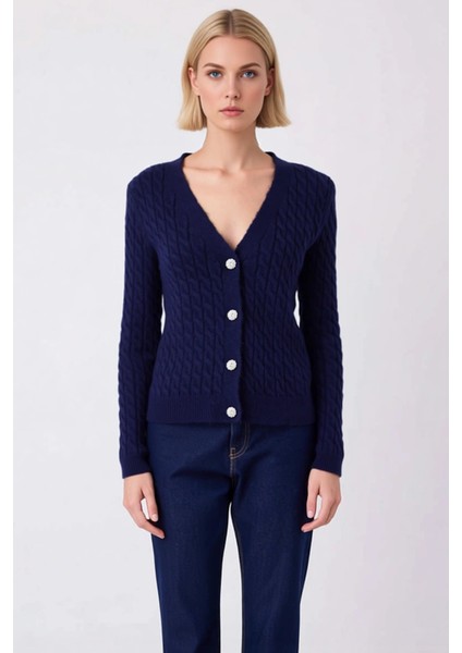 Kadın Yumuşak Dokulu V Yaka Saç Örgü Desenli Parlak Düğme Detaylı Uzun Kollu Rahat Triko Hırka fırsatları