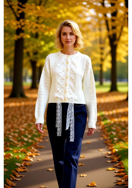 Kadın Crop Oversize Saç Örgü Dantel Garnili Yumuşak Dokulu Triko Hırka Uzun Kollu Şık Tasarım