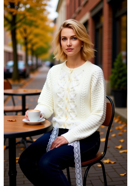 Kadın Crop Oversize Saç Örgü Dantel Garnili Yumuşak Dokulu Triko Hırka Uzun Kollu Şık Tasarım fiyatları