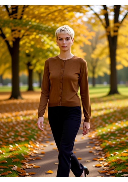 Kadın Regular Fit Bisiklet Yaka Düğmeli Triko Hırka Uzun Kollu Basic Kesim Konforlu Günlük Stil