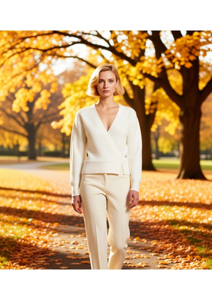 Kadın Günlük Şıklık Kruvaze Yaka Yumuşak Dokulu Selanik Örgü Uzun Kollu Rahat Triko Hırka Şık