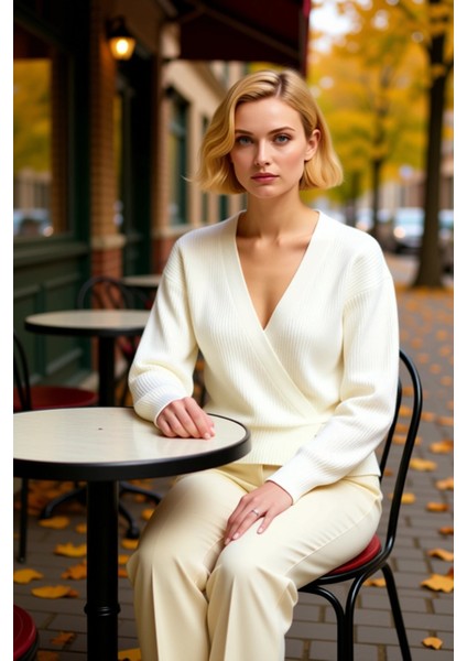 Kadın Günlük Şıklık Kruvaze Yaka Yumuşak Dokulu Selanik Örgü Uzun Kollu Rahat Triko Hırka Şık fiyatları