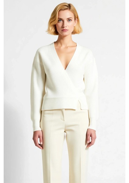 Kadın Günlük Şıklık Kruvaze Yaka Yumuşak Dokulu Selanik Örgü Uzun Kollu Rahat Triko Hırka Şık fırsatları