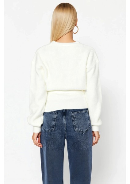 Kadın Günlük Şıklık Kruvaze Yaka Yumuşak Dokulu Selanik Örgü Uzun Kollu Rahat Triko Hırka Şık indirimleri