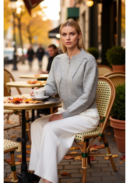 Fermuarlı Taş Detaylı Yumuşak Dokulu Triko Hırka Mont Görünümlü Şık Kadın Üst Giyim Parçası fiyatları