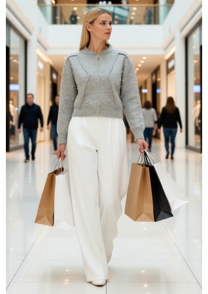 Fermuarlı Taş Detaylı Yumuşak Dokulu Triko Hırka Mont Görünümlü Şık Kadın Üst Giyim Parçası modelleri