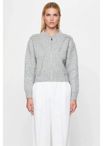 Fermuarlı Taş Detaylı Yumuşak Dokulu Triko Hırka Mont Görünümlü Şık Kadın Üst Giyim Parçası fırsatları