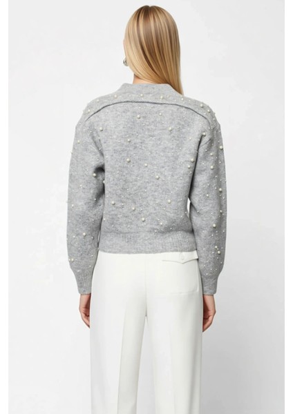 Fermuarlı Taş Detaylı Yumuşak Dokulu Triko Hırka Mont Görünümlü Şık Kadın Üst Giyim Parçası indirimleri