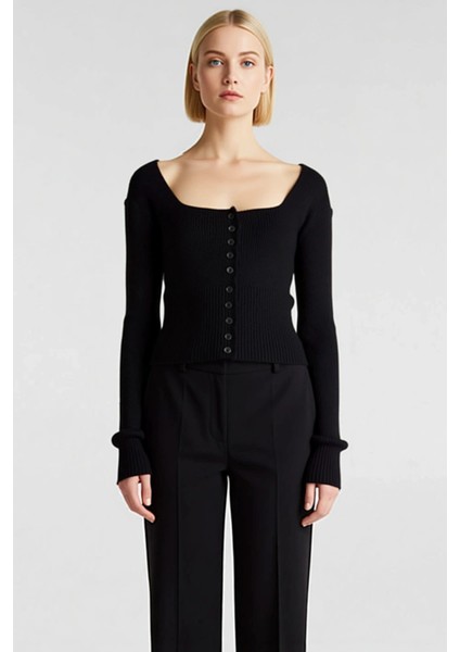 Kadın Crop Kare Yaka Fitilli Triko Hırka Vücudu Saran Yumuşak Dokulu Uzun Kollu Ince Örgü Şık fırsatları