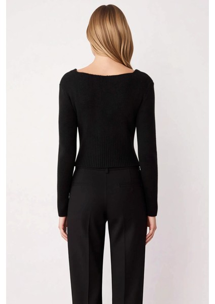 Kadın Crop Kare Yaka Fitilli Triko Hırka Vücudu Saran Yumuşak Dokulu Uzun Kollu Ince Örgü Şık indirimleri