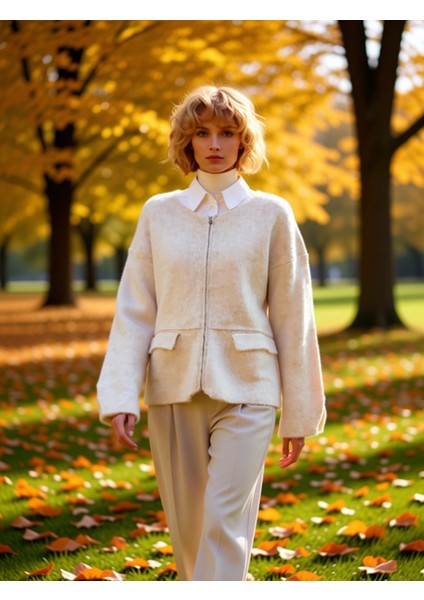 Kadın Fermuarlı Yumuşak Dokulu Triko Hırka Mont Görünümlü Şık ve Konforlu Dış Giyim Seçeneği