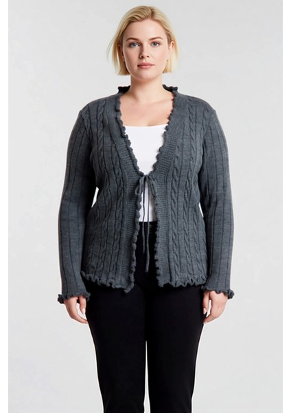 Kadın V Yaka Bağlamalı Saç Örgü Desenli Uzun Kollu Fitted Kalıp Triko Hırka Günlük Şıklık ve fırsatları