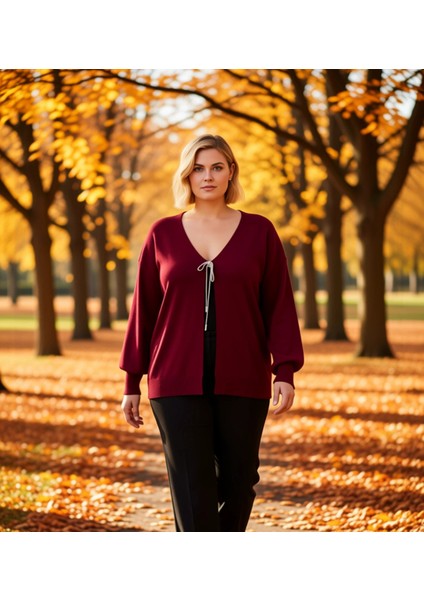 Kadın V Yaka Bağlama Detaylı Balon Kol Triko Hırka Günlük Şıklık ve Konfor Sunan Tasarım Şık
