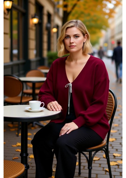 Kadın V Yaka Bağlama Detaylı Balon Kol Triko Hırka Günlük Şıklık ve Konfor Sunan Tasarım Şık fiyatları