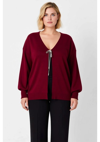 Kadın V Yaka Bağlama Detaylı Balon Kol Triko Hırka Günlük Şıklık ve Konfor Sunan Tasarım Şık fırsatları