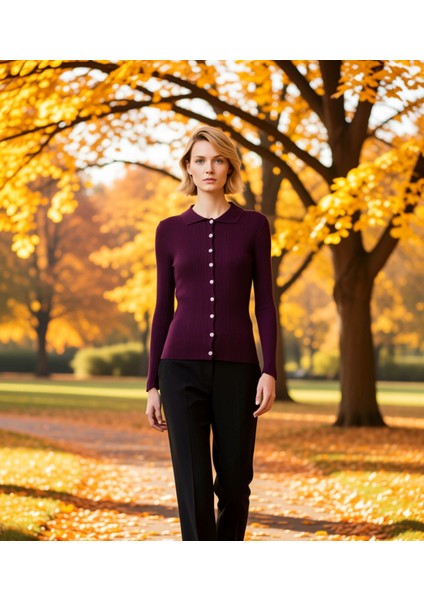 Kadın Merserize Dokulu Fitilli Polo Yaka Düğmeli Uzun Kollu Dar Kesim Şık Günlük Triko Bluz