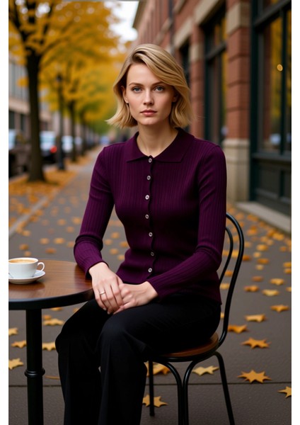 Kadın Merserize Dokulu Fitilli Polo Yaka Düğmeli Uzun Kollu Dar Kesim Şık Günlük Triko Bluz fiyatları