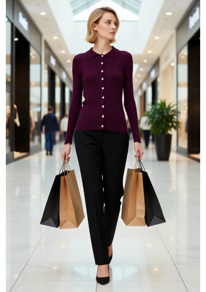 Kadın Merserize Dokulu Fitilli Polo Yaka Düğmeli Uzun Kollu Dar Kesim Şık Günlük Triko Bluz modelleri