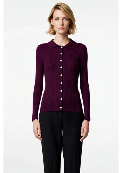 Kadın Merserize Dokulu Fitilli Polo Yaka Düğmeli Uzun Kollu Dar Kesim Şık Günlük Triko Bluz fırsatları