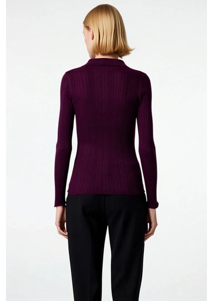 Kadın Merserize Dokulu Fitilli Polo Yaka Düğmeli Uzun Kollu Dar Kesim Şık Günlük Triko Bluz indirimleri