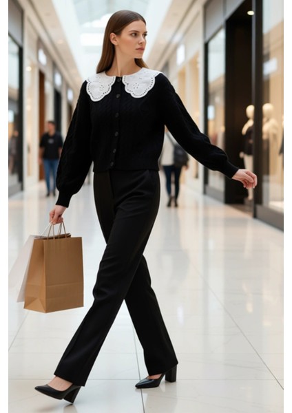 Kadın Yumuşak Dokulu Saç Örgü Desenli Nakış Detaylı Yakalı Düğmeli Uzun Kollu Triko Hırka Şık modelleri